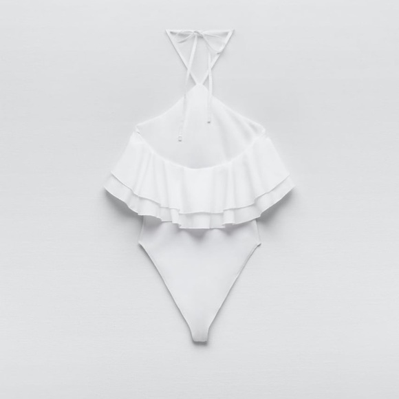 𝅺Zara RUFFLED RIB BODYSUIT white Sz L - Picture 5 of 10